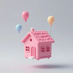 a 5 0 mm lens photograph of a cute pink floating house inspired by the movie up, floating by three tiny vibrant ballons, mist, playful composition