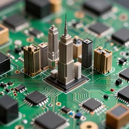 a close up of a circuit board that looks like manhattan, tilt shift photography, high quality, detailed