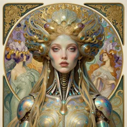 detailed realistic iridescent beautiful young cher alien robot as queen of mandelbulb portrait by jean delville, gustave dore and marco mazzoni, art nouveau, symbolist, visionary, baroque. horizontal symmetry by zdzisław beksinski, iris van herpen, raymond swanland and alphonse mucha. highly detailed, hyper - real, beautiful