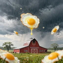epic professional digital art of and epic rainstorm of  fried eggs falling on to a Kansas barn at midday, best on artstation, cgsociety, wlop, Behance, pixiv, astonishing, impressive, outstanding, epic, cinematic, stunning, gorgeous, concept artwork, much detail, much wow, masterpiece.