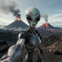 the last selfie taken by an alien! in an apocalypse volcano in the background hd cinematic epic 8 k