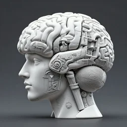 a statue constructing a mind / brain piece by piece, highly detailed, artstation, smooth, sharp focus, clean shaped illustration by hyper ornated maximalist and overdetailed, by kim jung gi, leonardo davinci, mc escher, moebius, cyberpunk