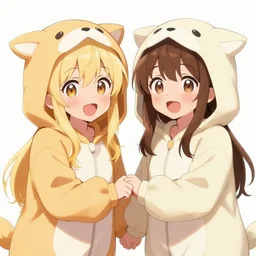 one blonde, one brown haired excited and happy anime girls in animal themed onesies holding hands looking at us, anime illustrated, digital art, cute, detailed faces, well drawn faces, cute faces, hand drawn