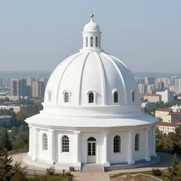 1 9 8 0's dome white mansion on a mountain, overlooking postsoviet city in the background