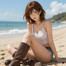 sexy girl with brown hair and green eyes, wearing boots, sitting at the beach, highly detailed, in the style of and ilya kuvshinov and greg rutkowski, high quality anime artstyle, intricate