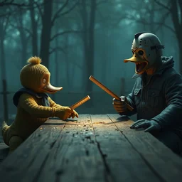 psyduck meeting jason voorhees, high detail, 8 k, octane render