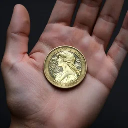 glowing coin on the palm of a hand, high detail, crisp shading, in the style of greg rutkowski and alphonse mucha and lisa frank