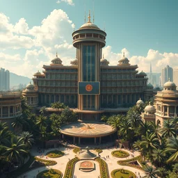 retro exotic city, magnificent multi - level building complex, huge tv tower in the center of the city, surrounded by lush gardens, luxurious, gorgeous, zaha hadid architecture, epic big scene, epic composition, wide angle movie, miyazaki jun, nausicaa ghibli, marc simonetti 8 k rendering, post processing