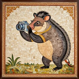 A Mughal miniature style Mosaic made with Ochre on Ceramic of An aardvark arrogantly pinching A Camera in the style of Carle Van Loo