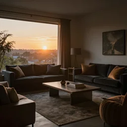 sunset in a tastefully decorated living room with dark luxurious furnishings, and a mix of antique and modern furniture, and a mix of concrete and wood finishes, soft focus cinematic still, dark dreamy golden vaporwave dappled light by maxfield parrish