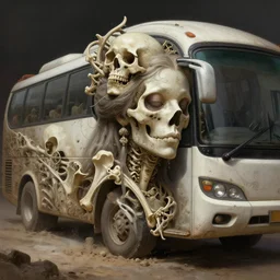 stunning catastrophe bus as goddess of skull portrait, skull, bones, dirt, fantasy, intricate, elegant, highly detailed, digital painting, artstation, concept art, smooth, sharp focus, illustration, art by afshar petros and krenz cushart and artem demura