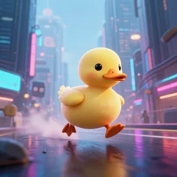 a photo of a cute duck hurtling through a cyberpunk city, skyscrapers, neon, reflections, epic, octane render, volumetric lighting, haze, raytracing, 8 k