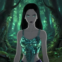 slim young actress, sequin top, glowing forest, strong line, eerie color, beautiful! coherent! by brian froud
