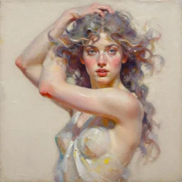 highly detailed liquid oil painting of beautiful godess, impasto, pastel shades, rough canvas textured, fictional character, dynamic pose, top lighting, loose brush strokes, perfect face, hyper detailed, digital painting, artstation, concept art, hyper detailed eyes, top lighting, realistic, art by sam spratt and peter mohrbacher and james jean, by alphone mucha