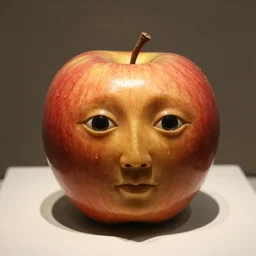 a taxidermized apple with a human face, in a museum, 8 5 mm lens, 7 0 mm entrance pupil diameter