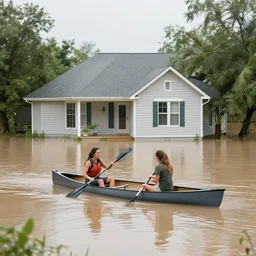 flooded house area, a couple in a canoe
