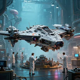 cyberpunk, bladerunner 2 0 4 9, amazing clear background, scientists creating an artificial alien highly detailed futuristic biomechanical thick quad wing combat spaceship constuction a lab, 8 k, photo, octane render, photorealistic, art by john collier and albert aublet and krenz cushart and artem demura and alphonse mucha,