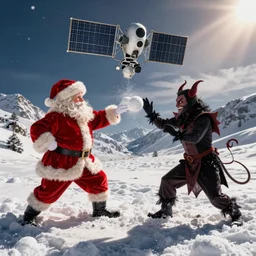 satellite footage of Santa and Satan in a snowball fight