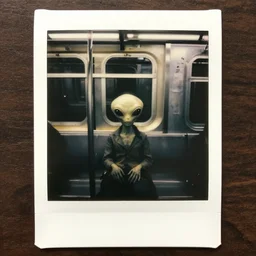 an aged polaroid photo of a small alien creature in a new york subway, gloomy, grainy