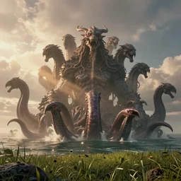 mysterious monster with seven heads rising from a sea, huge tentacles sticking out of the water, landscape, cinematic view, epic sky, detailed, concept art, low angle, high detail, warm lighting, volumetric, godrays, vivid, beautiful, trending on artstation, by jordan grimmer, huge scene, grass, art greg rutkowski