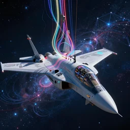 dark aeronautical scene foreground : a beautiful robot fighter pilot is piloting, suspended by luminous intricate organic and colorful electric cables and wires and fibers to the jet cockpit, experiencing the quantum field cinematic highly detailed realistic beautiful cosmic neural network o