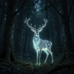 of a Forest at night Deer :: the forest is dark and ominous :: Deer is a glowing spirit, centralized. Highly detailed, fantasy art