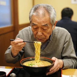 an old japanese man eating ramen noodles in a restaurant, photorealistic