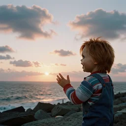 sunset clouds with an ocean in the background and a screaming chucky ashore by greg rutkowski cinematic 3 5 mm film