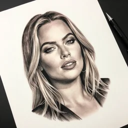 A realistic tattoo design of margot robbie on white paper, realism tattoo design, highly detailed tattoo, shaded tattoo, hyper realistic tattoo