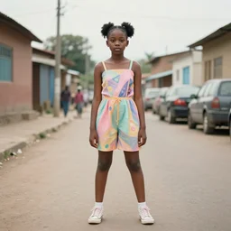 still from music video of a cute african girl from die antwoord standing in a township street, street fashion clothing,! haute couture!, full figure painting by martine johanna, njideka akunyili crosby, rossdraws, pastel color palette, 2 4 mm lens