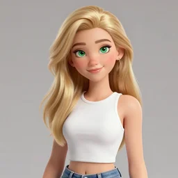Portrait of a Strawberry-Blonde Girl, Young Beautiful Face, Green Eyes, Freckles, Wearing a white crop-top and jeans, with a subtle smile, Detailed, 8K, Epic, Charming, Character, Octane Rendering, Hyper Realistic