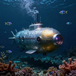 Hyperrealistic hi-tec submarine in a dark underwater scene, surrounded by magic fish that emit light, underwater vegetation and vibrant corals, cinematic lighting, by Maciej Kuciara, Craig Mullins, 8k, wide angle, artstation