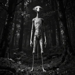 black and white tall skinny humanoid creature in a dark forest at night, extremly detailed, 8 k, sharp focus
