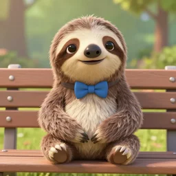 3 d render pixar of a sloth sitting on a bench wearing a bow tie