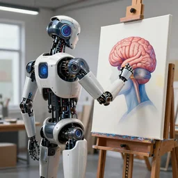 photorealistic illustration of a sci - fi robot standing in a modern artist's studio, making a beautiful painting of a human brain on a canvas, artstation, deviantart, beeple
