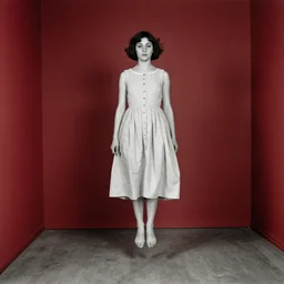 levitated girl without wear in red room by lewis hine in 1 9 0 8. black and white, low contrast, 8 k, frontlight, soft lighting, - c 7