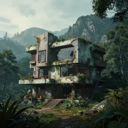 cyberpunk brutalist house on a secluded mountain with trees around