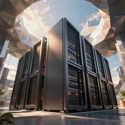 abstract data center server, business technology blurred polygonal geometric space, hi tech digital interior, cinematic view, epic sky, detailed, concept art, low angle, high detail, warm lighting, volumetric, godrays, vivid, beautiful, trending on artstation, by jordan grimmer, huge scene, art greg rutkowski