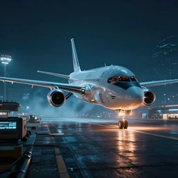 immense futuristic jet plane arrives at runway of cyberpunk airport at night ,cinematic lighting
