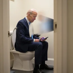 joe biden sitting on a toilet looking at his phone, secret peekhole photo.