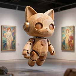 3 d octane render ultra photorealistic 8 k hyper detailed, a very very cute wooden statue robot of the roman architecture anthropology cat ears cyberpunk flying in the space intergalactic cgsociety in a contemporary art gallery in neo tokyo artwork by alphonse mucha