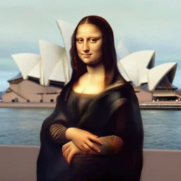 the mona lisa standing in front of the sydney opera house, photograph