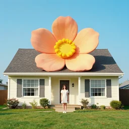 giant flower head, full body, girl standing in front of house, surreal photography, symmetry, mid century, flat light, bright colours, blue sky, realistic, wes anderson