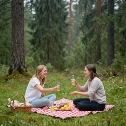 swedish picnic, drinks, forest, daytime, heavy rainfall, happy, movement, dramatic, by herbert james harper, bright, film grain, depth haze, volumetric lighting, concept art, 4 k, highly detailed