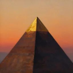 Trending on artstation, beautiful pyramid with golden tip illuminated by the sunset, detailed matte painting, oil on canvas, chiaroscuro