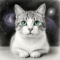 highly detailed realistic full body pencil sketch portrait of a beautiful grey white cat with big green eyes, in the background is the universe