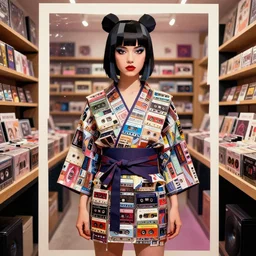 portrait of a lowpoly rave girl wearing kimono made of musicassettes in a music store, surreal dada collage poster art by kurt schwitters james jean liam brazier victo ngai tristan eaton