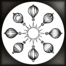 a circular mandala with five symbolic hot air balloons equally spaced in a radial hexagonal configuration around a symbolic sun at its center. a precise black and white digital image.