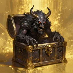 monster mimic as treasure chest, evil, dangerous, darkness, shiny gold background, deep focus, dnd, fantasy, highly detailed, digital painting, artstation, concept art, matte, sharp focus, illustration, hearthstone, art by artgerm and greg rutkowski and alphonse mucha