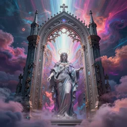 [ palate ] [ nebulous energy ] [ muted neon colors ] intricate giant gothic victorian style portal to purgatory with paisley cloud pattern, god at the gate, award winning composition, vibrant neon nebulous clouds, symmetrical details, hyper realistic illustration, radiant light rays, photorealistic illustration, intricate and fine details, volumetric lighting,